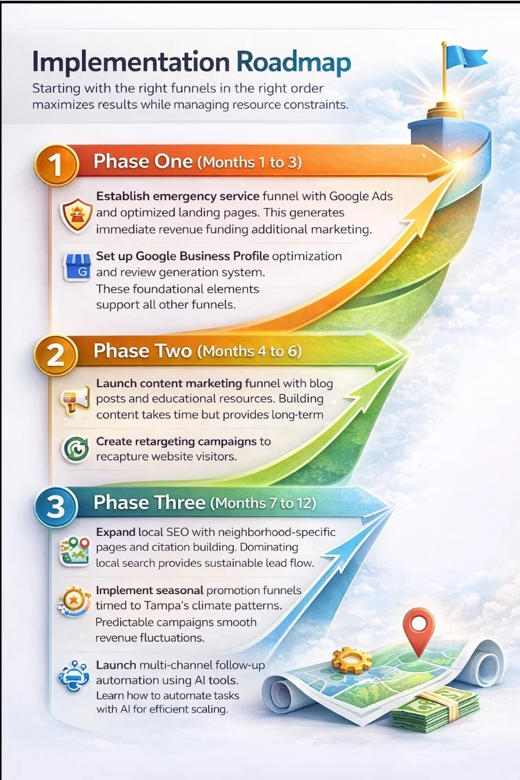 Infographic showing marketing implementation roadmap with three phases outlining emergency ads, content marketing, local SEO expansion, and automation strategy timeline.