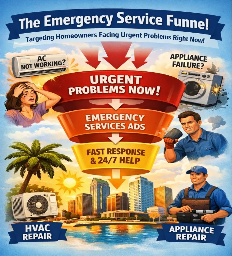 Illustration of emergency service marketing funnel for HVAC and appliance repair, showing urgent problems, ads, fast 24/7 response, and Tampa skyline background.