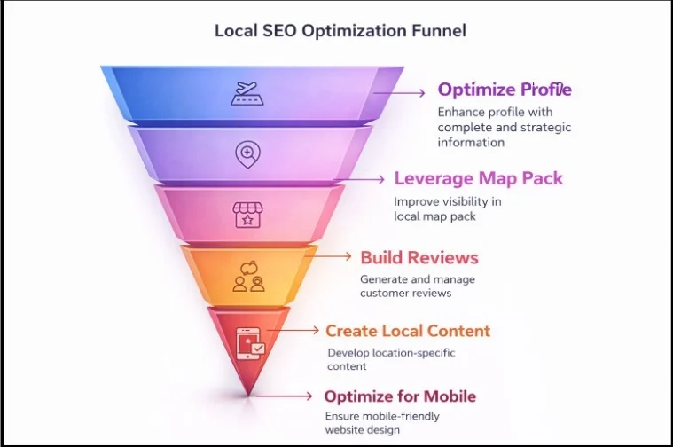 Graphic of Local SEO optimization funnel showing steps: optimize profile, leverage map pack, build reviews, create local content, and optimize for mobile.
